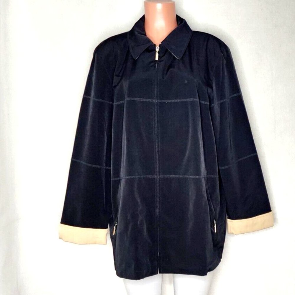 Worthington Vintage All Weather Coat Jacket Black Tan Lined Pockets Zip Front